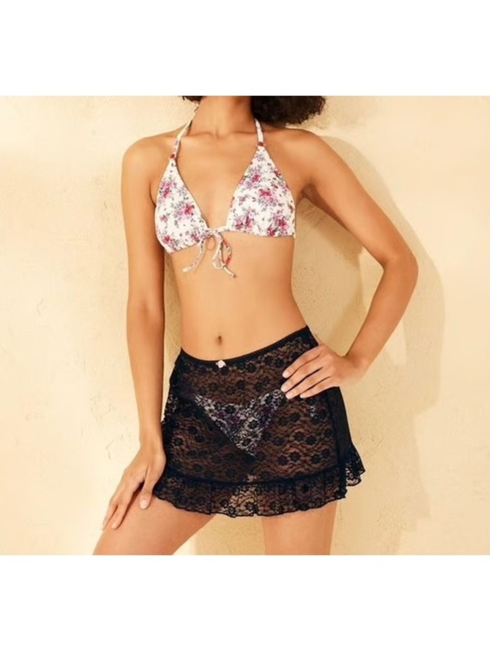 Wild Fable Black Sheer Ruffle Hem Mini Lace Skirt Swim Cover Up Stretchy Rosette